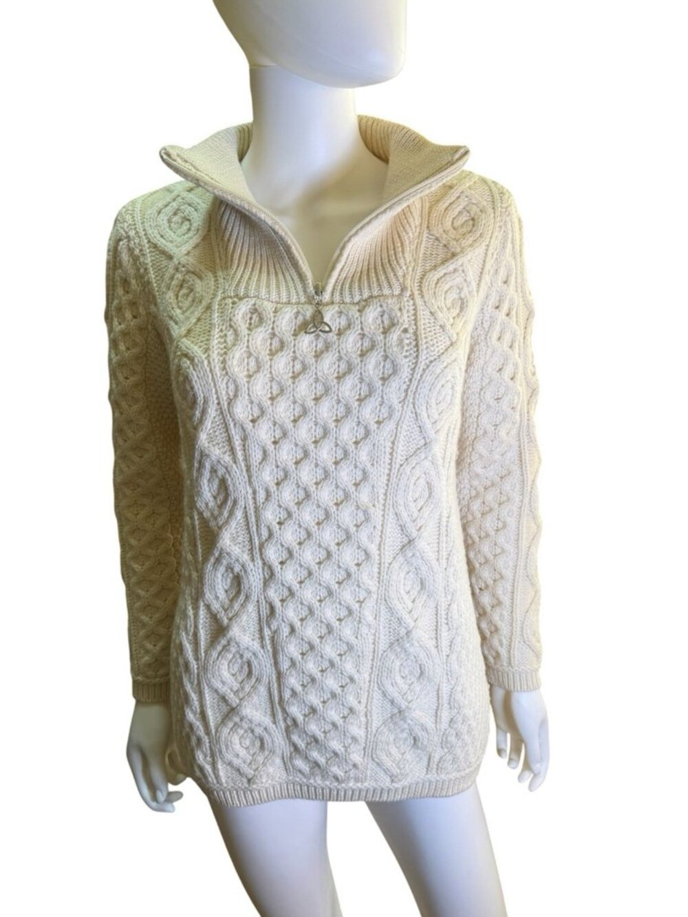 Aran Craft Wool Cable-Knit Crewneck Pullover Zip Sweater Cream Womens S Ireland